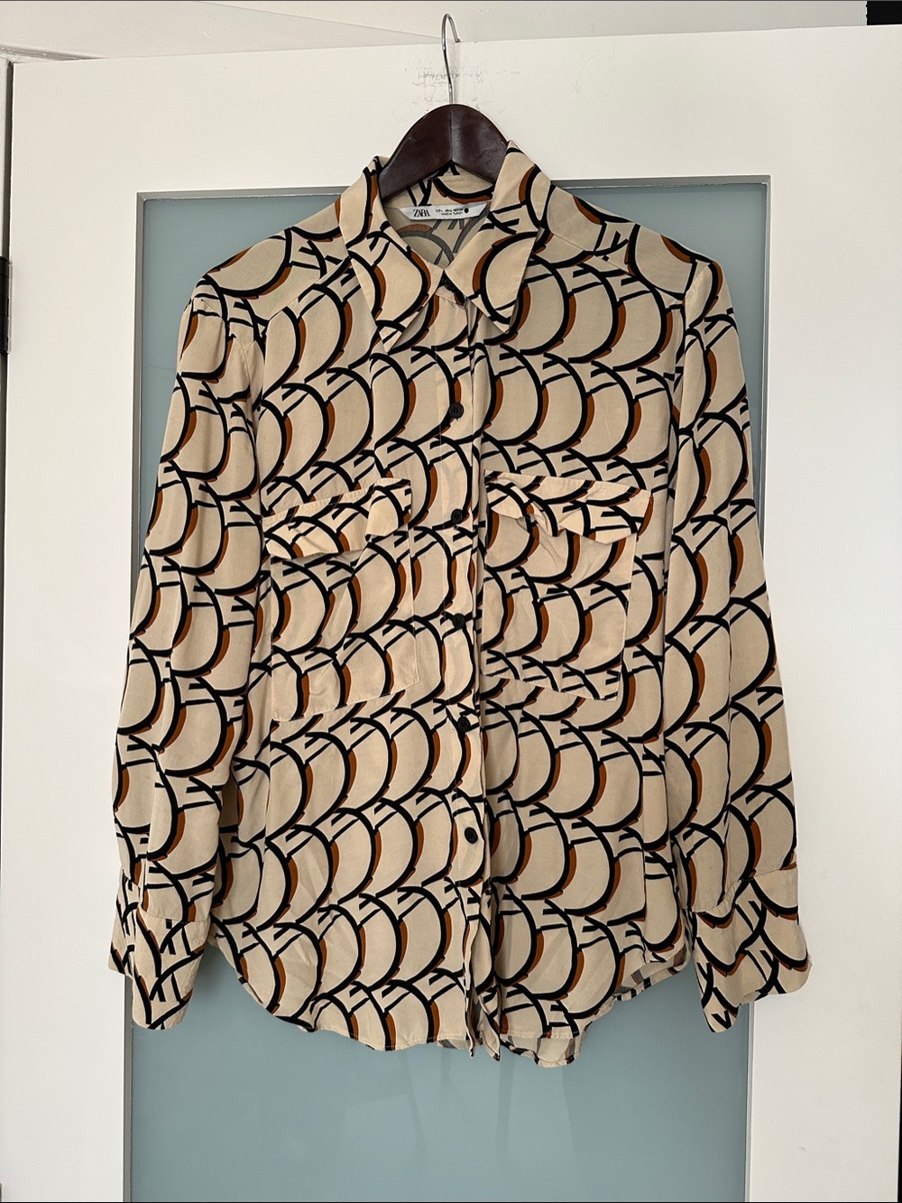 Zara Beige & Black Geometric Button-Down Shirt